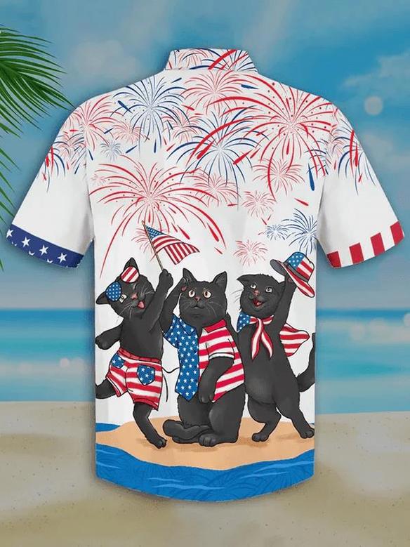 Men's Independence Day Is Coming Cat Print Casual Hawaiian Shirt, Usa Patriotic Hawaiian Shirt Summer Gifts