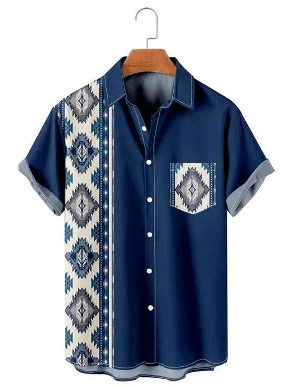 Men's Simple Ethnic Pattern Patchwork Casual Hawaiian Shirt Summer Gifts