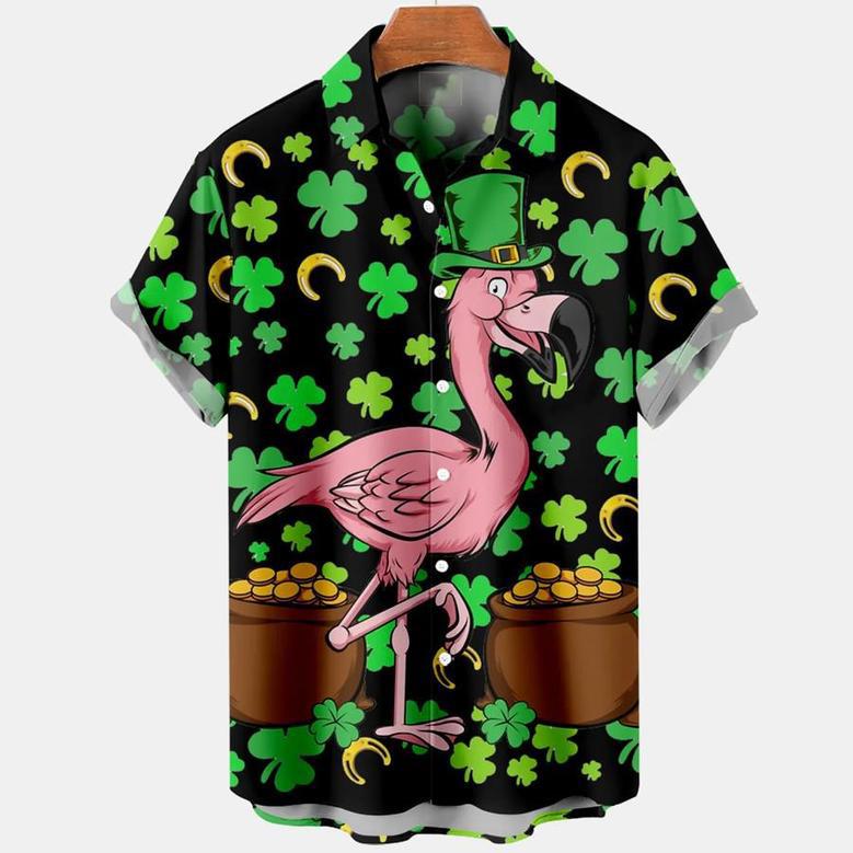 Men's St. Patrick's Day Fun Flamingo Black Hawaiian Shirt, Irish Day Hawaiian Shirt Summer Gifts