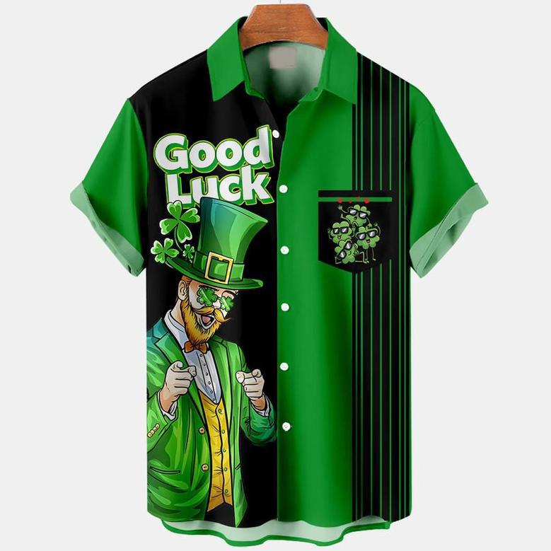 Men's St. Patrick's Day Good Luck Stripe Hawaiian Shirt, Shamrock Shirt, Irish Day Hawaiian Shirt Summer Gifts