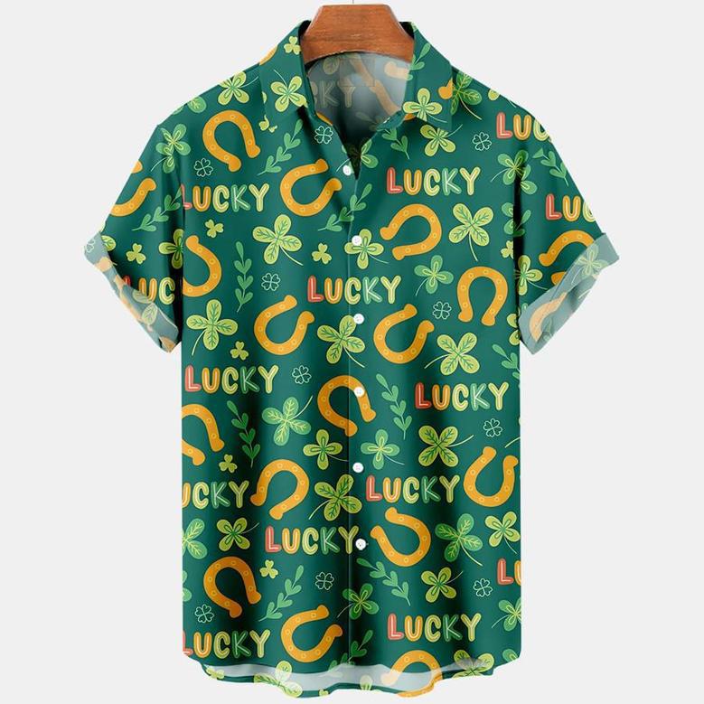 Men's St. Patrick's Day Lucky Clover Horseshoe Print Casual Short Sleeve Shirt, Irish Day Hawaiian Shirt Summer Gifts