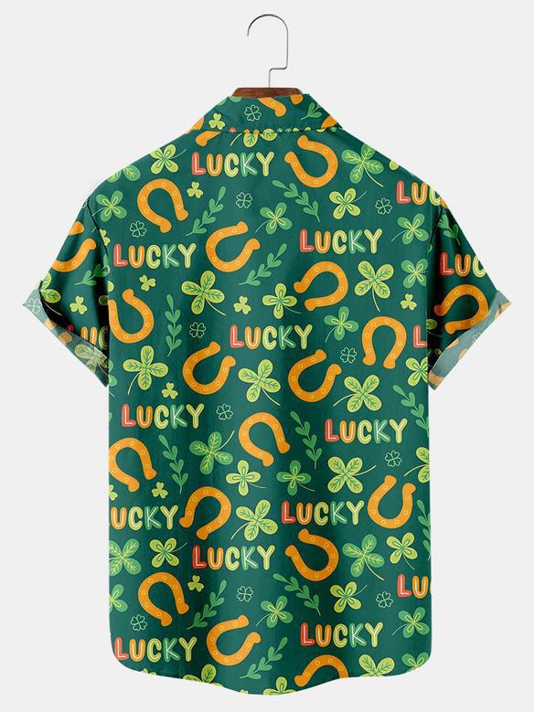 Men's St. Patrick's Day Lucky Clover Horseshoe Print Casual Short Sleeve Shirt, Irish Day Hawaiian Shirt Summer Gifts