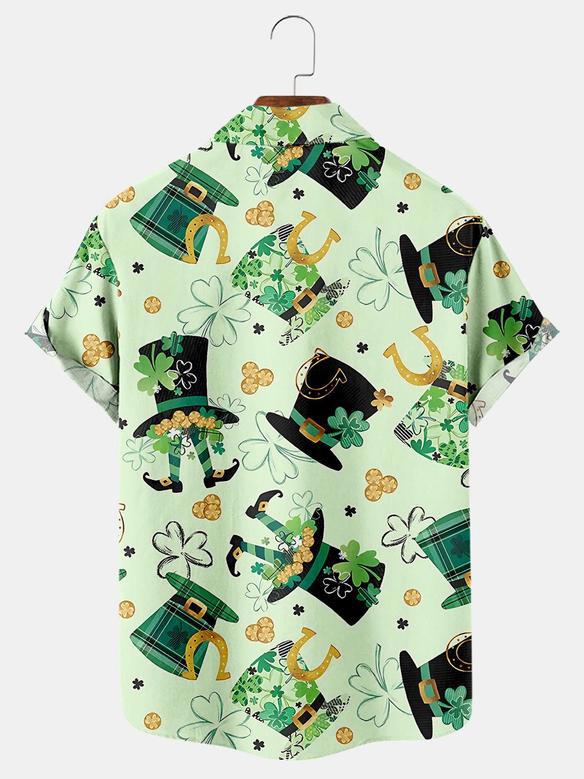 Men's St. Patrick's Day Shamrock Hat Print Casual Short Sleeve Shirt, Shamrock Shirt, Irish Day Hawaiian Shirt Summer Gifts