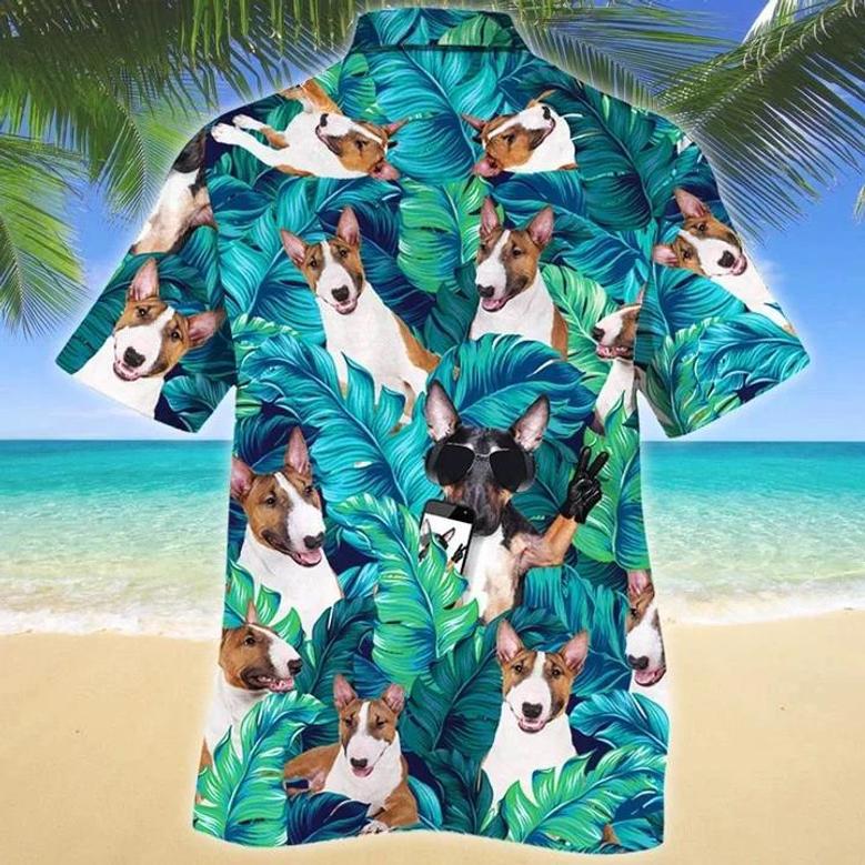 Miniature Bull Terrier Dog Summer Beach Palm Tree Hawaiian Shirt, Summer Aloha Hawaii Shirt For Men Women Summer Gifts