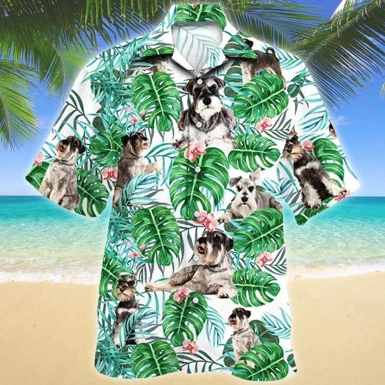 Miniature Schnauzer Dog Tropical Plant Montera Leaves Pattern Hawaiian Shirt Summer Gifts