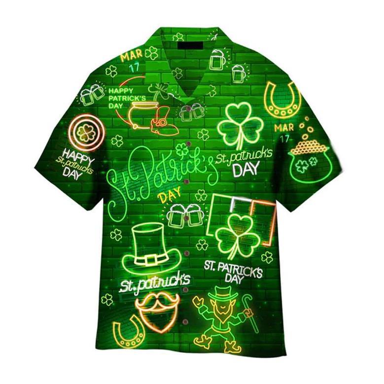 Neon Light Black St Patricks Day Aloha Hawaiian Shirts For Men & For Women Summer Gifts