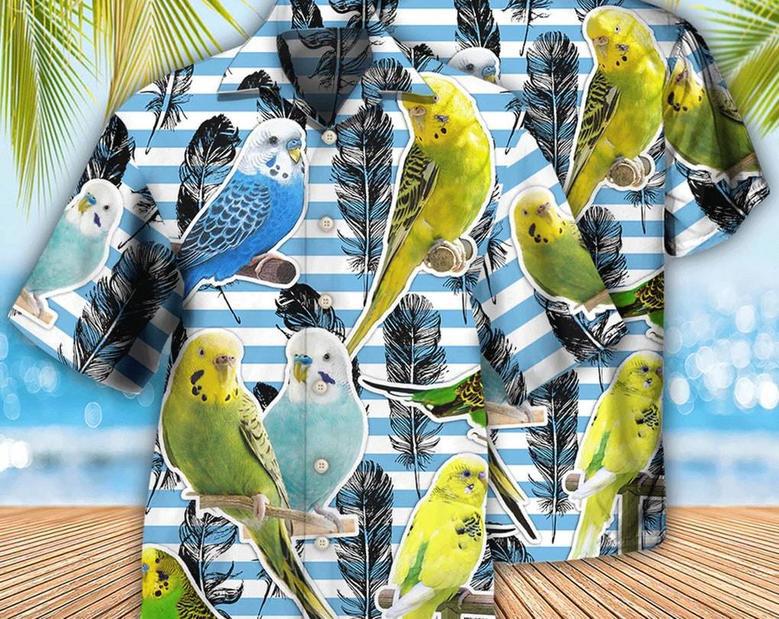 Parrot Parakeet Blue And White Stripe -Hawaiian Shirt, Short Sleeve Hawaiian Aloha Shirt, Hawaii Style Hawaii Honeymoon Shirt, Summer Party. Summer Gifts