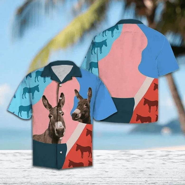 Pink And Blue Geometric With Donkey Hawaiian Shirt Summer Gifts