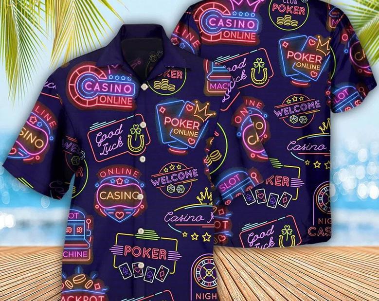 Poker Neon Casino Art - Hawaiian Shirt, Tropical Beach Shirt Button Down Shirt, Funny Hawaiian Shirt, Best Gifts For Men, Hawaiian Set Gift. Summer Gifts