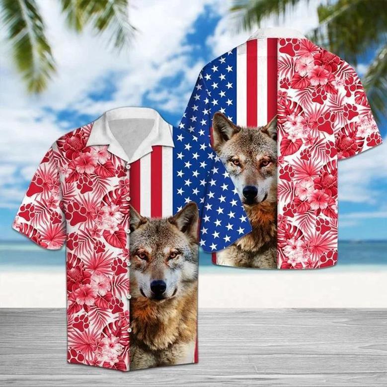 Portrait Of Wolf Usa And Tropical Red Plant Pattern Hawaiian Shirt Summer Gifts