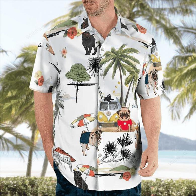 Pug On The Beach Unisex Hawaiian Shirt, Summer Gift, Hawaiian Shirts For Men, Aloha Beach Shirt Summer Gifts