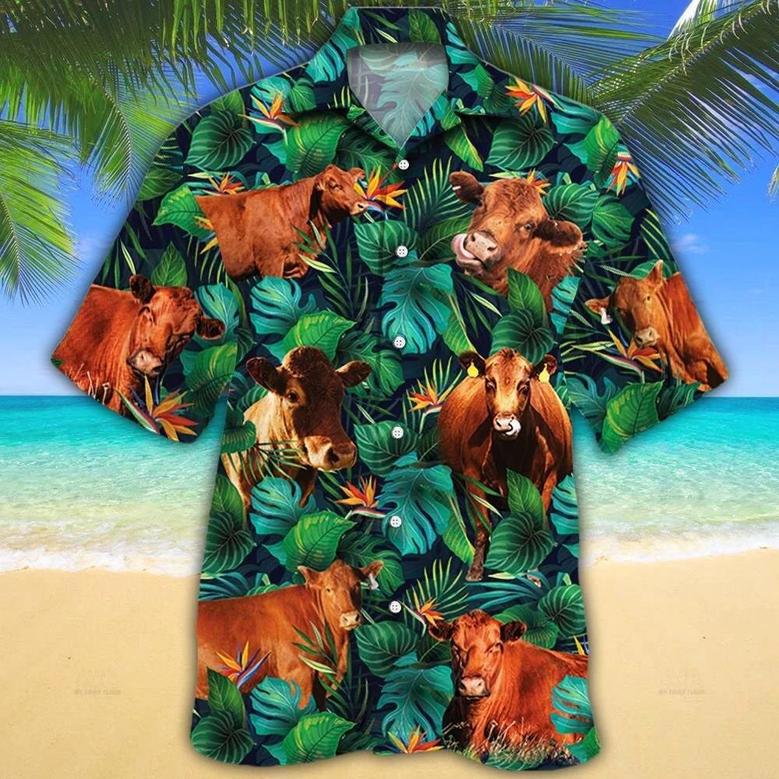 Red Angus Cattle Lovers Tropical Leaves Hawaiian Shirt Summer Gifts