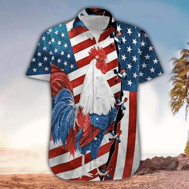 Rooster American Flag Hawaiian Shirt - Of July Button Down Aloha Shirt Summer Gifts