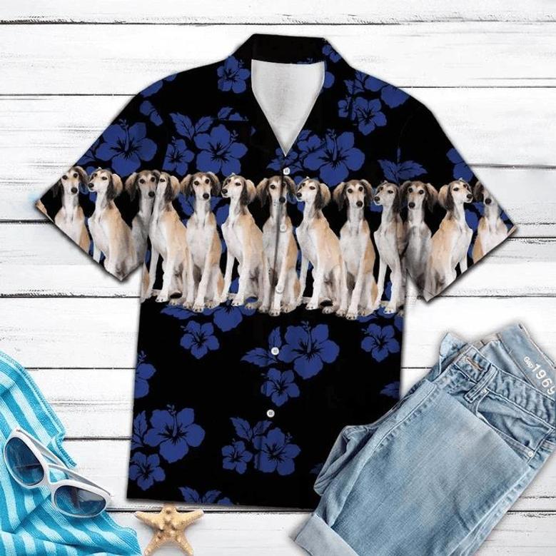 Saluki Dogs With Blue Hibiscus In Black Hawaiian Shirt Summer Gifts