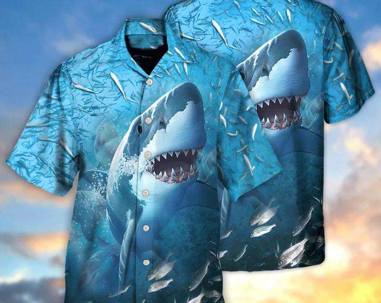 Shark Swims Through Baitfish Shoal - Hawaiian Shirt, Vintage Hawaiian Shirt, Gift For Summer, Gifts For Bachelor Party, Hawaiian Set Gift. Summer Gifts