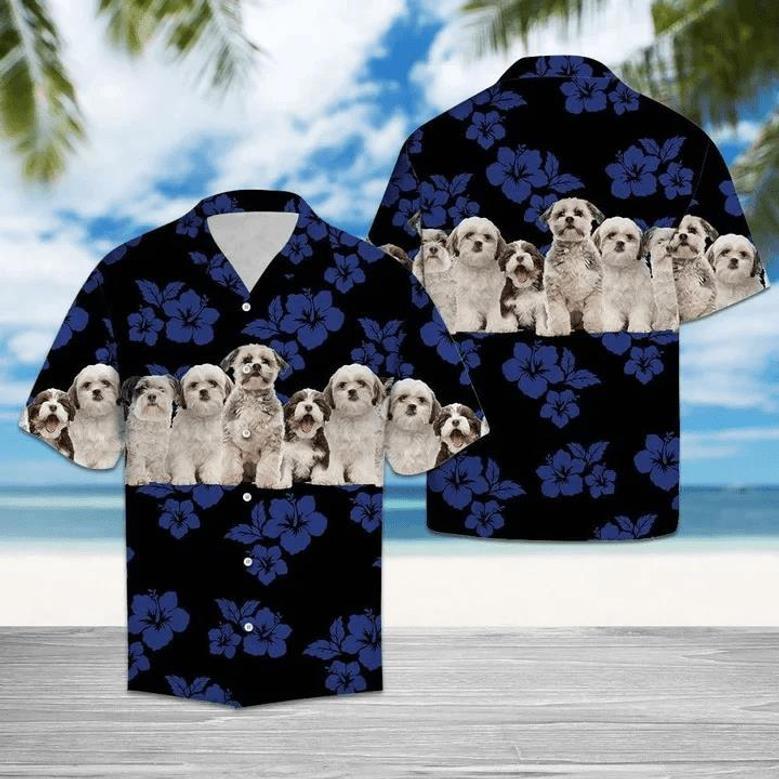 Shih Tzu Hawaiian Shirt, Dog Hawaiian Shirt, Tropical Hibiscus On Black Pattern Hawaiian Shirt Summer Gifts