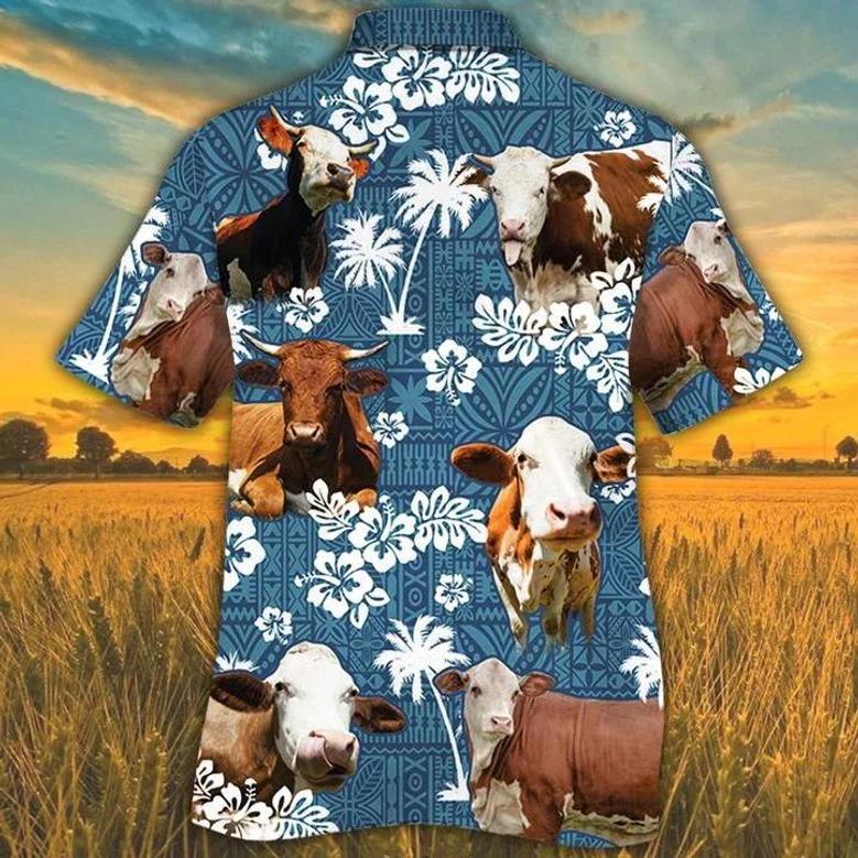 Simmental Cattle Lovers Blue Tribal Pattern Hawaiian Shirt Summer Gifts