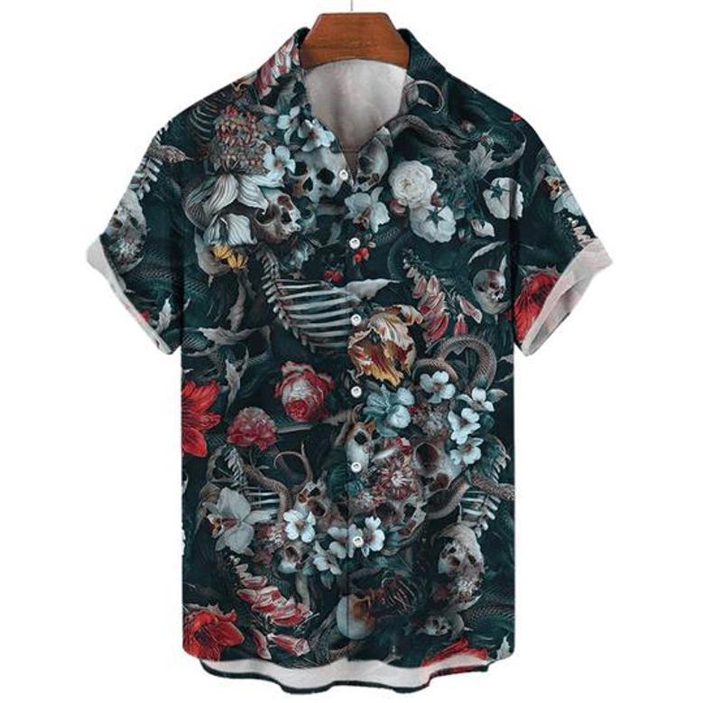 Skull And Snack Flower Hawaiian Shirt For Men, Men's Short Sleeve Skull Aloha Shirt, Gift For Skull Lover Summer Gifts