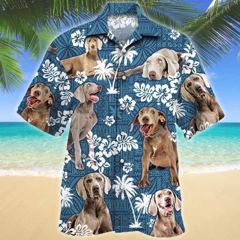 Smart Weimaraner Dog Lovers Blue Tribal Hawaiian Shirt- Summer Button Down Mens Hawaiian Shirts Short Sleeve Summer Gifts