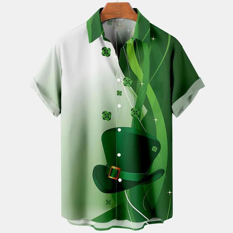 St. Patrick's Hawaiian Shirt, Patrick Shirts, Men's St. Patrick's Day Gradient Line Hat Print Casual Short Sleeve Shirt Summer Gifts