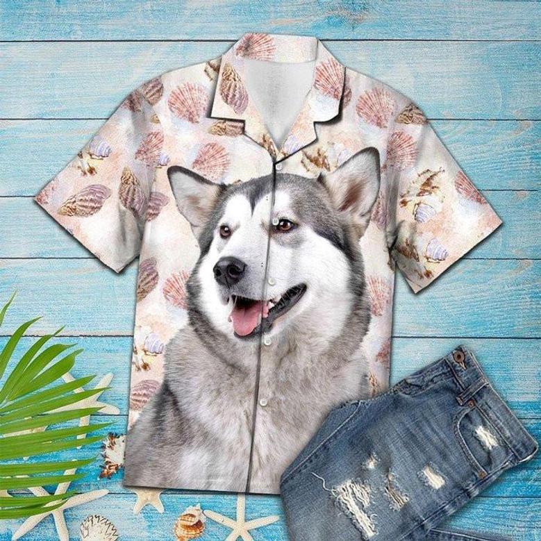 Summer Beach Seashells And Cute Alaskan Malamute Portrait Hawaiian Shirt, Short Sleeve Hawaiian Aloha Shirt Summer Gifts