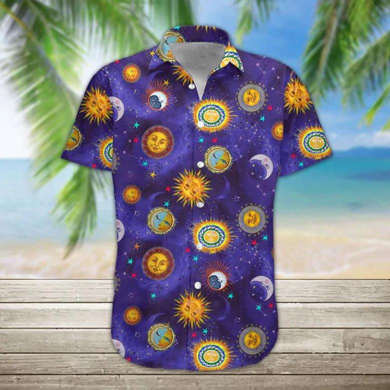 Sun And Moon Hippie Hawaii Shirt, Hawaiian Shirts For Men Print Button Down Shirt Summer Gifts