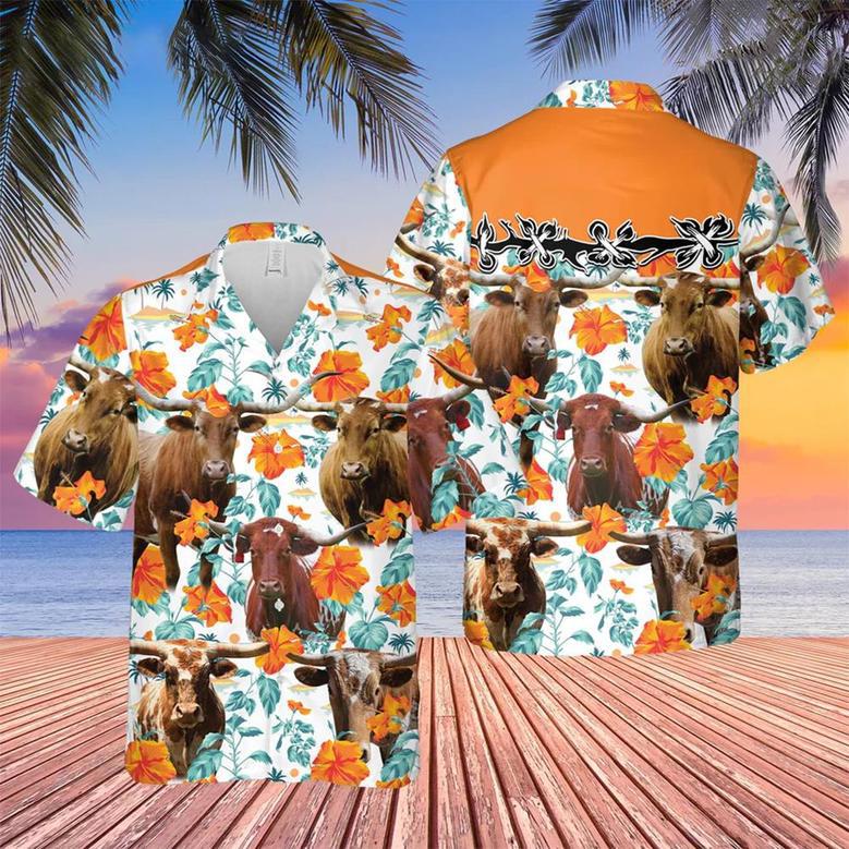 Texas Longhorn Hibiscus Floral Hawaiian Shirt Summer Gifts