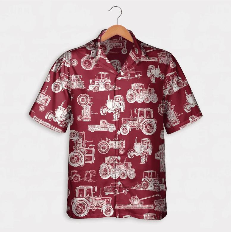 Tractor Pattern White And Blue, Red, Green Hawaiian Shirt, Summer Gift, Short Sleeve Aloha Beach Shirt Summer Gifts