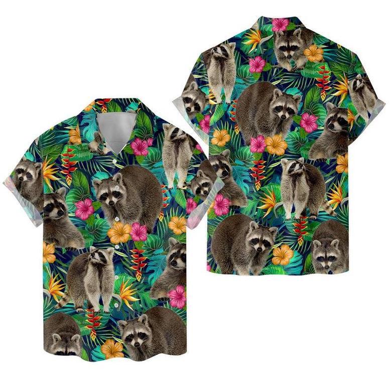 Tropical Racoon Hawaiian Shirt , Animal Casual Men Hawaiian Shirt Button Down Short Sleeve, Racoon Lovers Summer Gifts