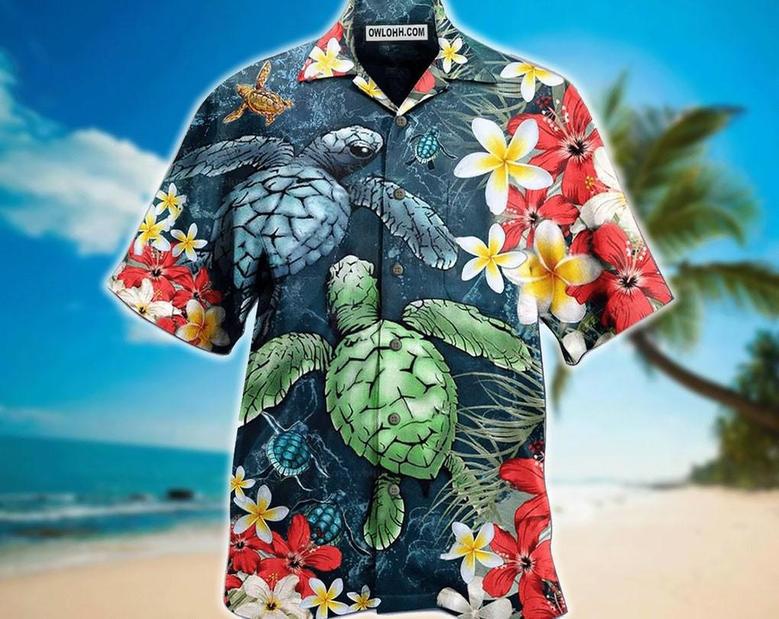 Turtle Love Flowers - Hawaiian Shirt, Aloha Tropical Hawaii Shirt, Aloha Short Sleeve Button Down, Gift For Family, Hawaiian Set Gift. Summer Gifts