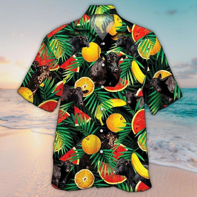 Unisex Black Angus Cattle Tropical Fruits Hawaiian Shirt For Men, Aloha Hawaiian Shirt Short Sleeve Hawaiian Summer Gifts