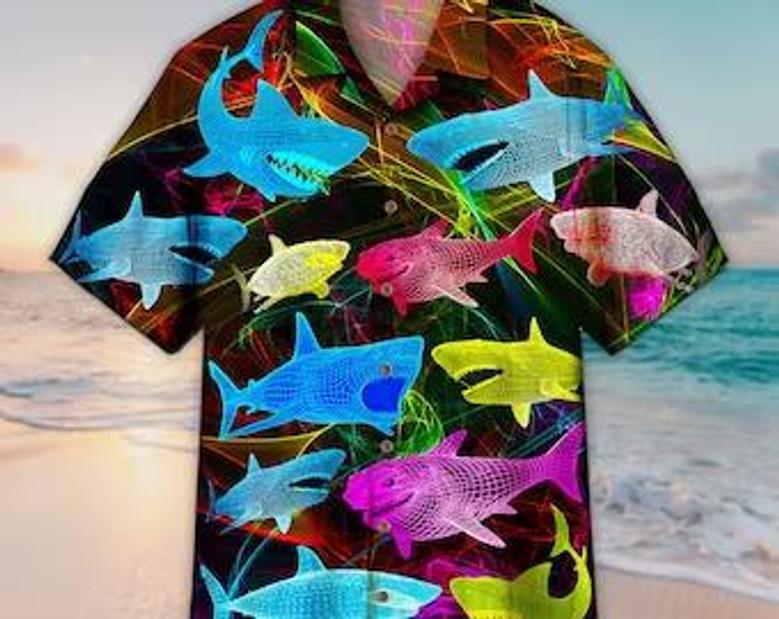 Unisex Fish Neon Glowing Shark Blue And Violet Hawaiian Shirt For Men & Women, Aloha Hawaiian Shirt Short Sleeve Hawaiian Summer Gifts