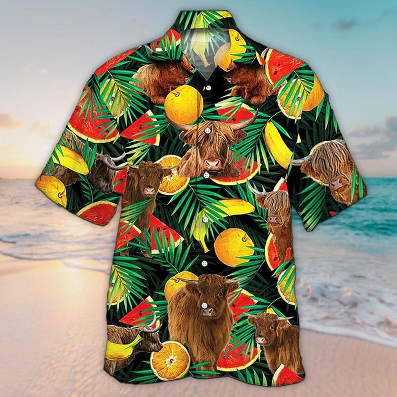 Unisex Highland Cattle Lovers Tropical Hawaiian Shirt For Men, Aloha Hawaiian Shirt Short Sleeve Hawaiian Summer Gifts