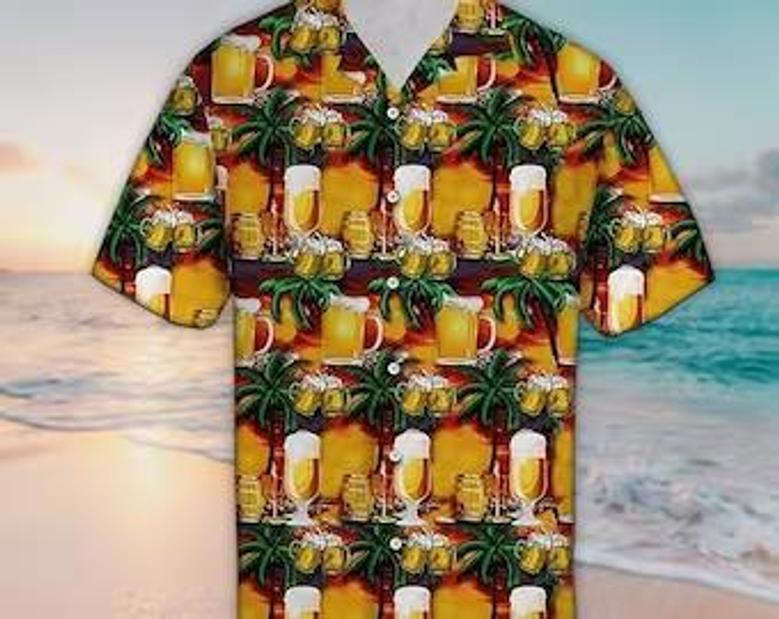 Unisex Palm & Beer Print Palm Tree Hawaiian Shirt Tropical Hawaiian Shirt, Aloha Hawaiian Shirt Short Sleeve Hawaiian Summer Gifts