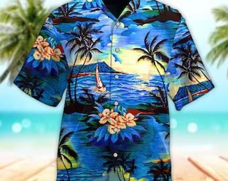 Unisex Palm Tree Sunrise Beach Hawaiian Shirt Tropical Hawaiian Shirt, Aloha Hawaiian Shirt Short Sleeve Hawaiian Summer Gifts