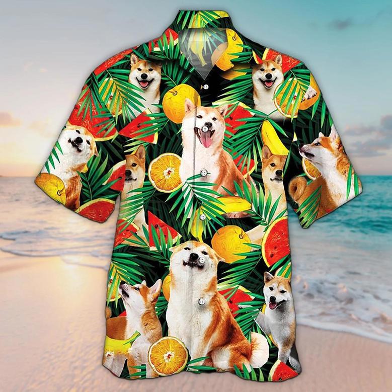 Unisex Shiba Inu Dog Lovers Tropical Fruits Hawaiian Shirt For Men, Aloha Hawaiian Shirt Short Sleeve Hawaiian Summer Gifts