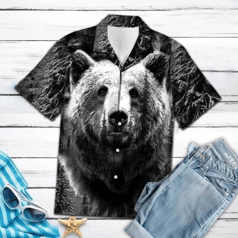 Wild Bear Black And White Portrait Design Themed Hawaiian Shirt, Short Sleeve Hawaiian Aloha Shirt For Men Summer Gifts