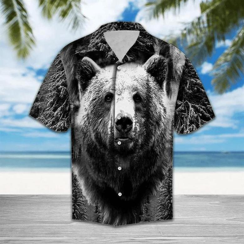 Wild Bear Black And White Portrait Design Themed Hawaiian Shirt, Short Sleeve Hawaiian Aloha Shirt For Men Summer Gifts