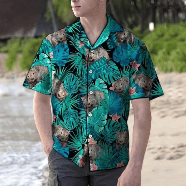 Wombat Tropical Palm Leaves And Pink Flower Pattern Hawaiian Shirt Summer Gifts