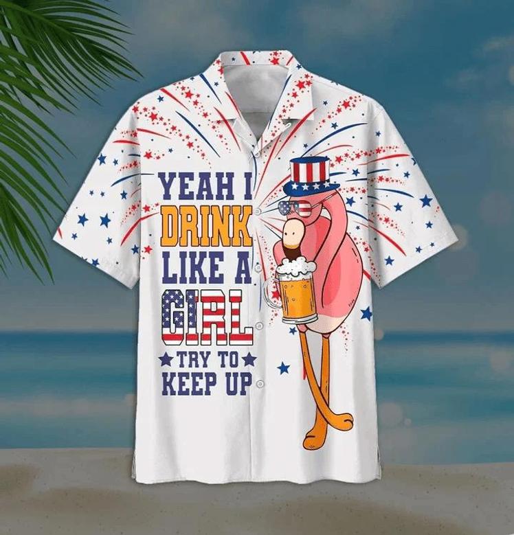 Yeah I Drink Like A Girl Charming Flamingo And Beer White Theme Hawaiian Shirt Summer Gifts