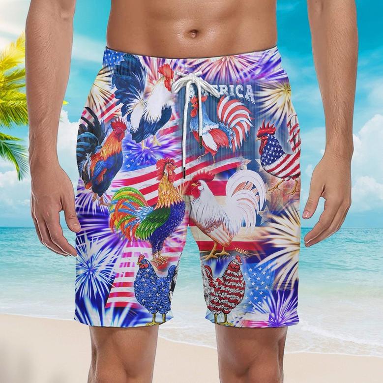 America Rooster Chicken With Fireworks Beach Shorts For Men