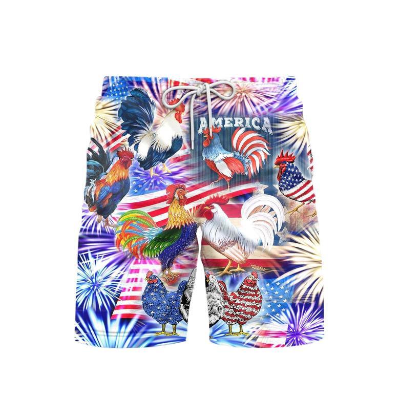 America Rooster Chicken With Fireworks Beach Shorts For Men