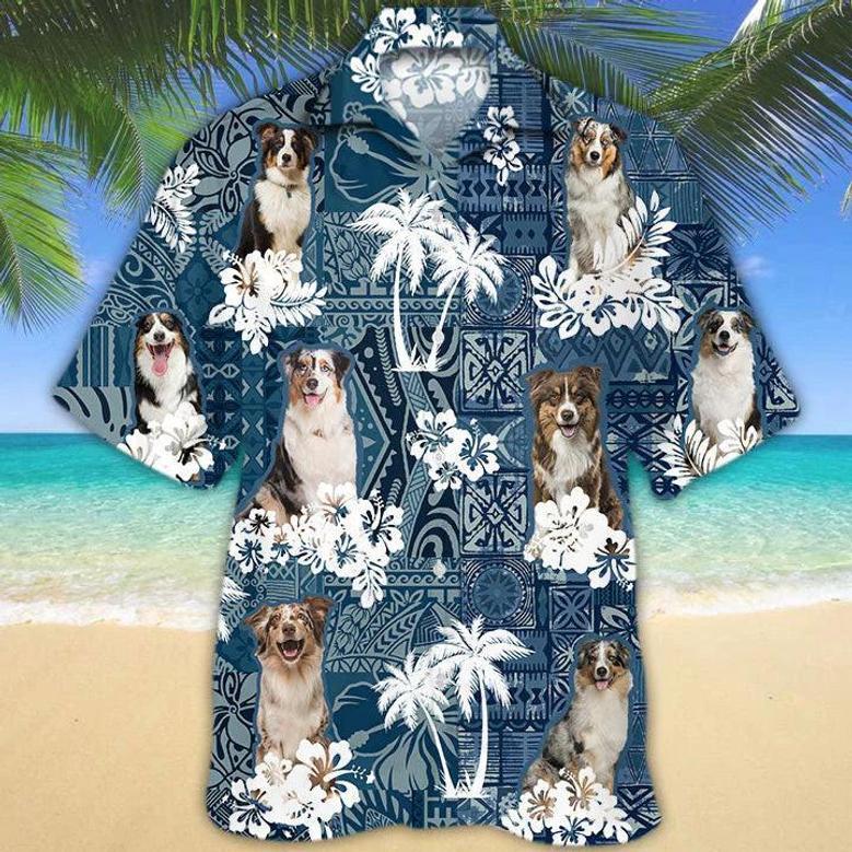 Australian Shepherd Hawaiian Tropical Plants Pattern Blue And White All Over Printed Hawaiian Shirt Summer Gifts