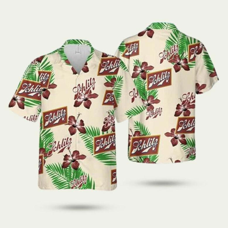 Beige Schlitz Beer Hibiscus Flower Palm Leaves Pattern Hawaiian Shirt