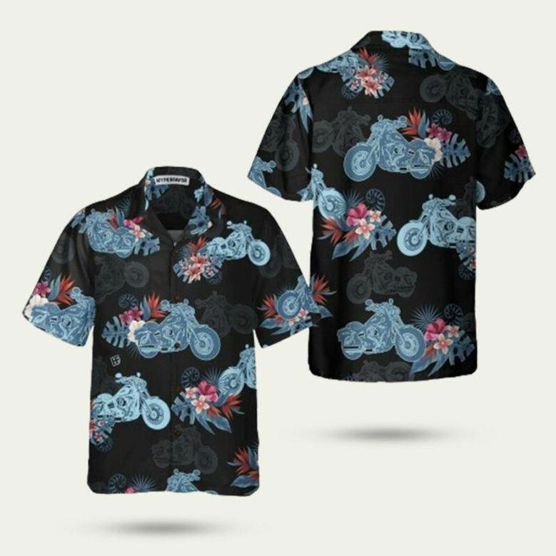 Biker Blue Tropical Flower Pattern Motorcycle Hawaiian Shirt