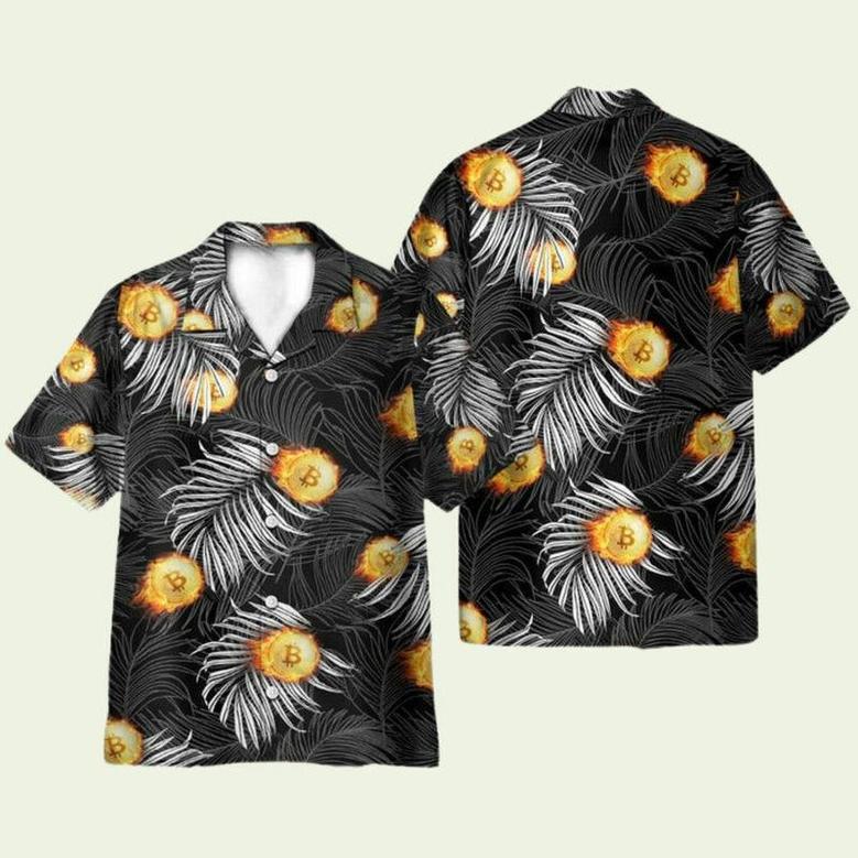 Bitcoin Flame And Tropical Pattern Hawaiian Shirt