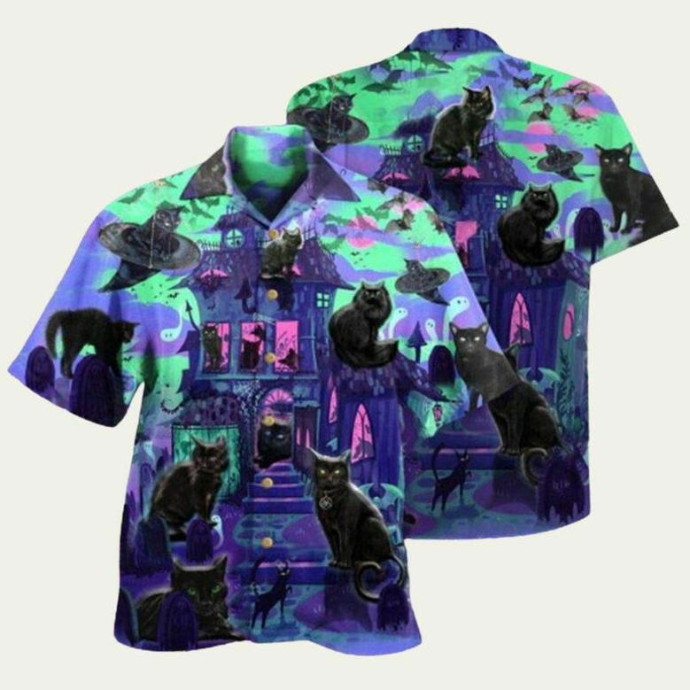 Black Cat In A Haunted House Hawaiian Shirt