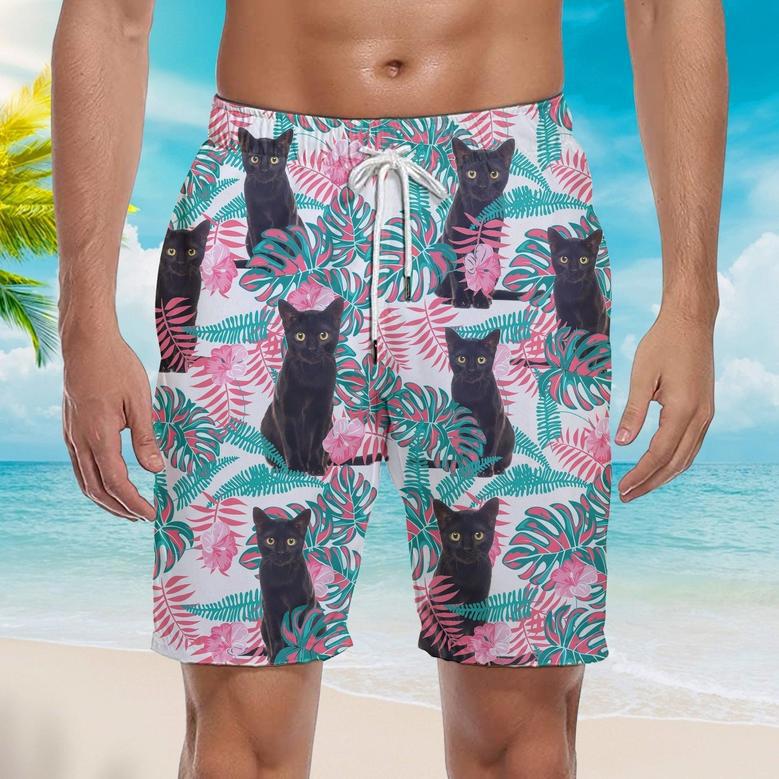 Black Cat Pink Hibiscus Floral Tropical Beach Shorts For Men