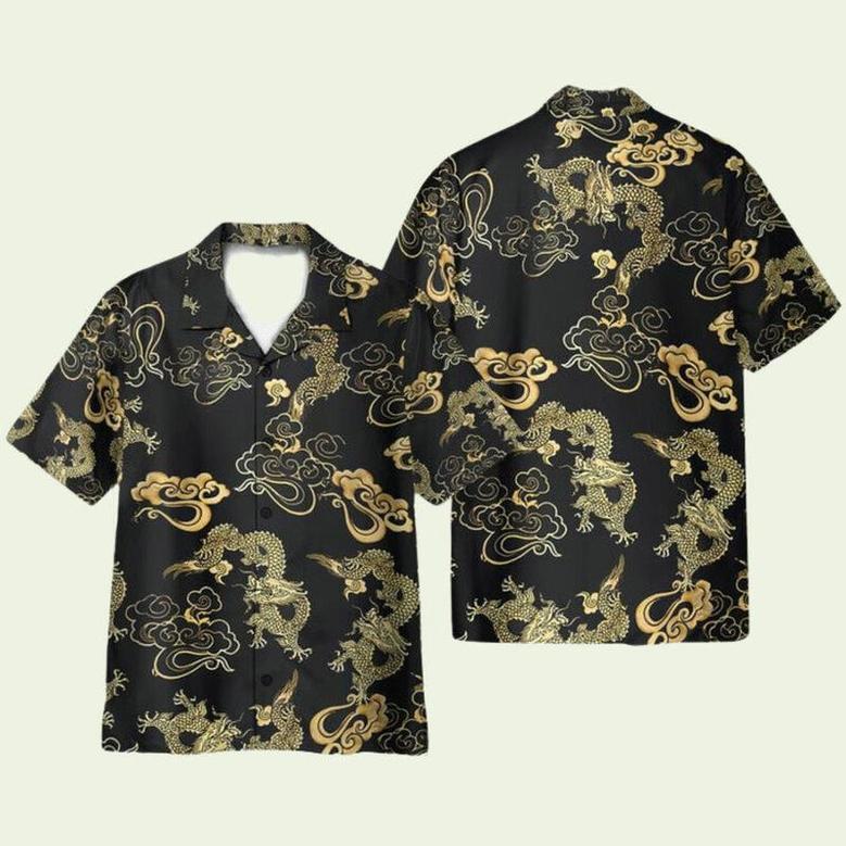 Black Gold Oriental Dragon Japanese Style Hawaiian Shirt