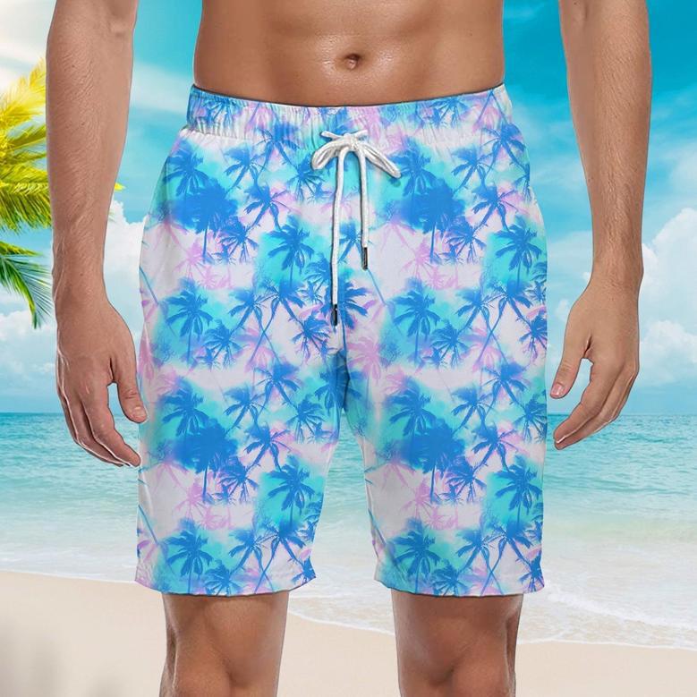 Blue Pink Neon Coconut Palm Tropical Beach Shorts For Men